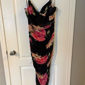 le chateau Black Midi Slip Dress with Pink & Cream Floral Print